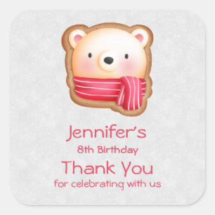 Cute Bear Face Red Scarf & Rosy Cheeks Thank You Square Sticker