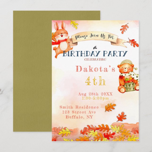 Cute Bear Fall Autumn Birthday Party Invitation 2 (Front/Back)