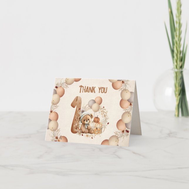 Cute Bear Fall Beary 1st Birthday Thank you card (Front)