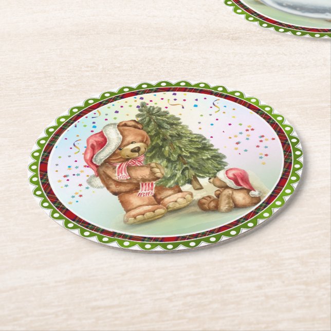 Cute Bear Family Christmas tree confetti Holiday Round Paper Coaster (Angled)