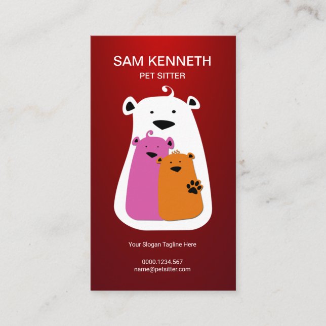 Cute Bear Family In Luminous Red Pet Nanny Business Card (Front)