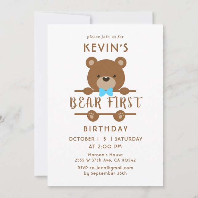 Cute Bear First Birthday Invitation (Front)