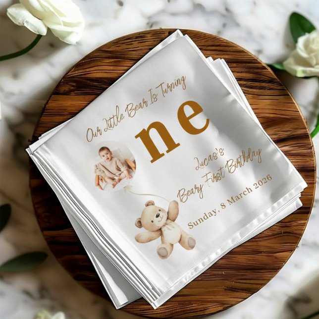 Cute Bear First Birthday Photo Party Napkins (Creator Uploaded)