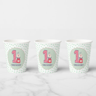 Cute bear first birthday with name paper cups