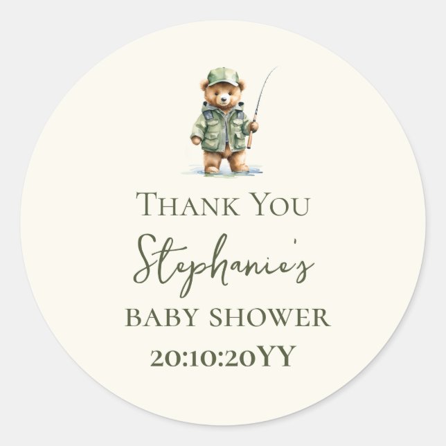 Cute Bear Fisherman Is On The Way Baby Shower Classic Round Sticker (Front)