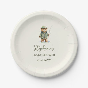 Cute Bear Fisherman Is On The Way Baby Shower Paper Plate
