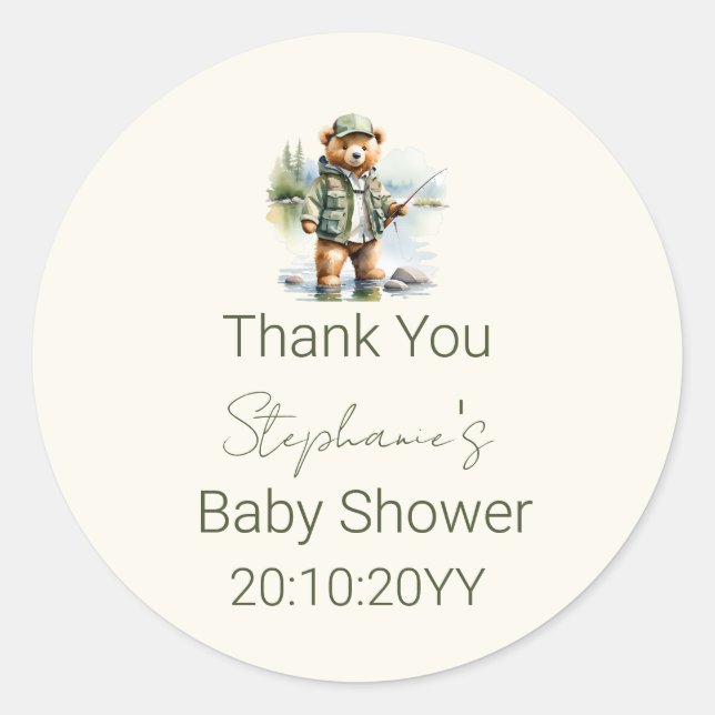 Cute Bear Fisherman  Reel Excited Baby Shower Classic Round Sticker (Front)