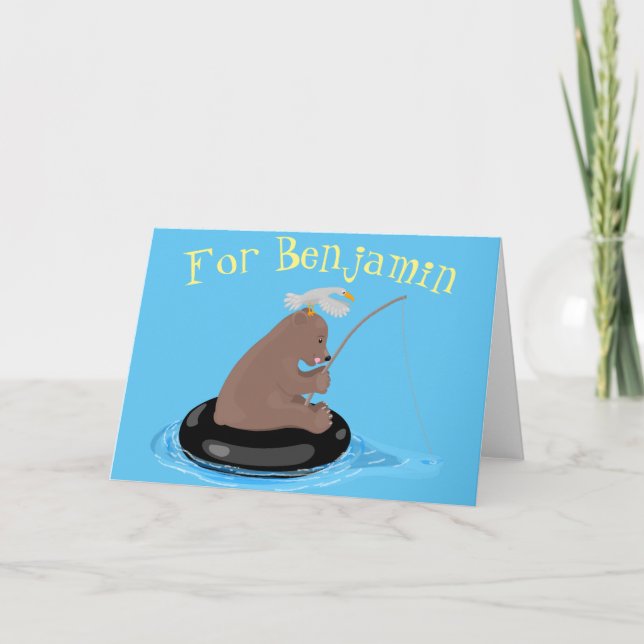 Cute bear fishing cartoon illustration card (Front)