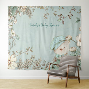 Cute Bear Floral Baby Shower Backdrop landscape Tapestry