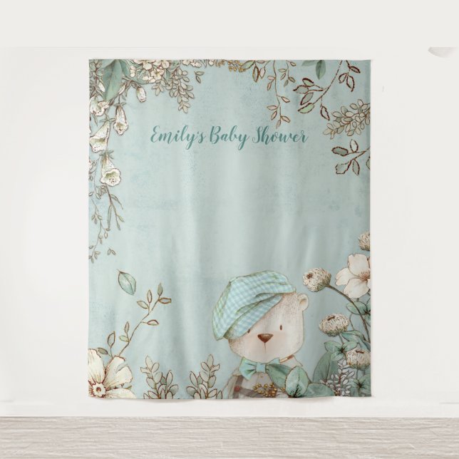 Cute Bear Floral Baby Shower Backdrop portrait Tapestry (Front)