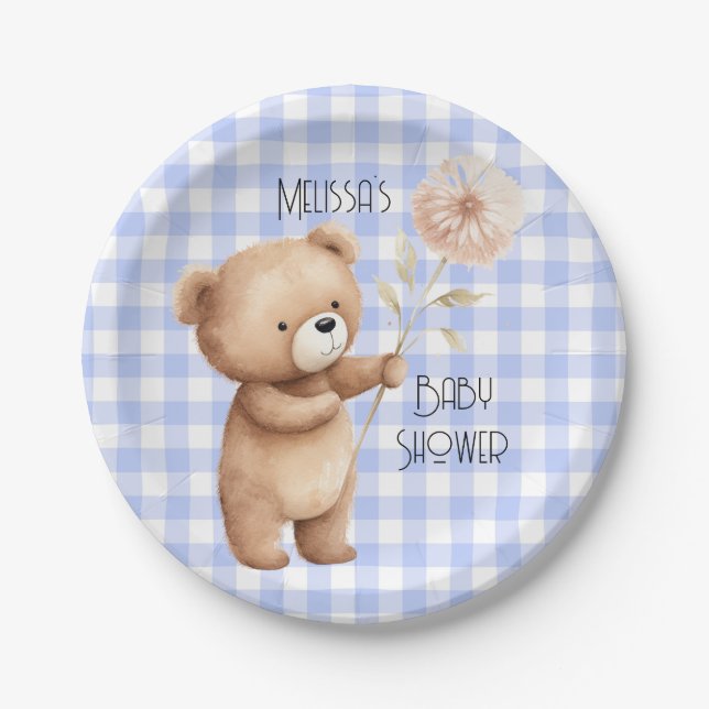Cute Bear Floral Gingham Pattern Baby Boy Shower Paper Plate (Front)