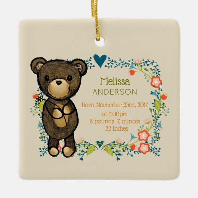 Cute Bear & Floral Wreath Baby Birth Ceramic Ornament (Front)
