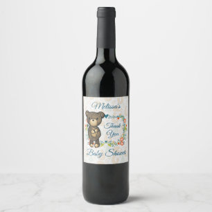 Cute Bear & Floral Wreath Baby Shower Thanks Wine Label