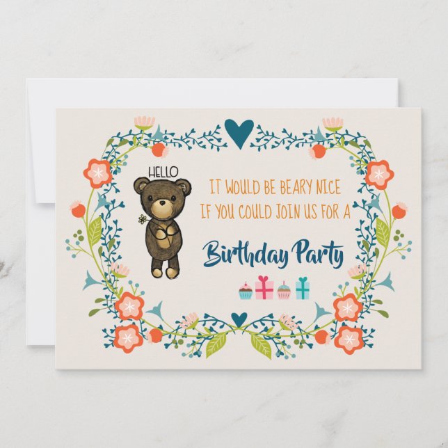 Cute Bear & Floral Wreath Birthday Invite (Front)