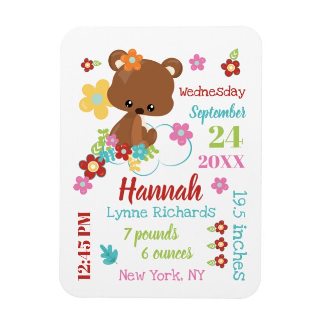 Cute Bear & Flowers Baby Girl Birth Record Stats Magnet (Vertical)