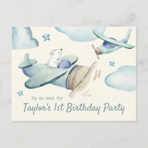 Cute Bear Flying Aeroplane Baby's 1st Birthday Invitation Postcard