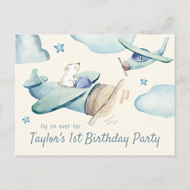 Cute Bear Flying Aeroplane Baby's 1st Birthday Invitation Postcard (Front)