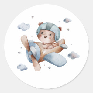 cute bear flying on aeroplane watercolor sticker
