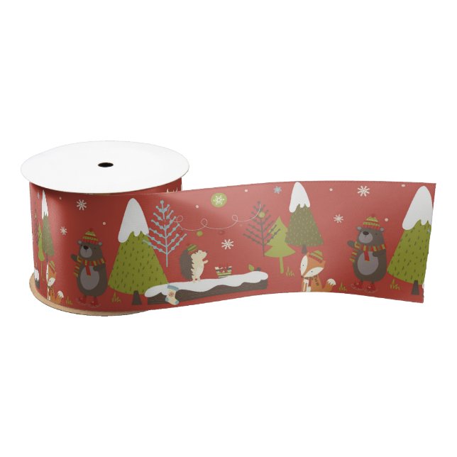 Cute Bear, Fox, & Hedgehog Kids Christmas Funny Satin Ribbon (Spool)
