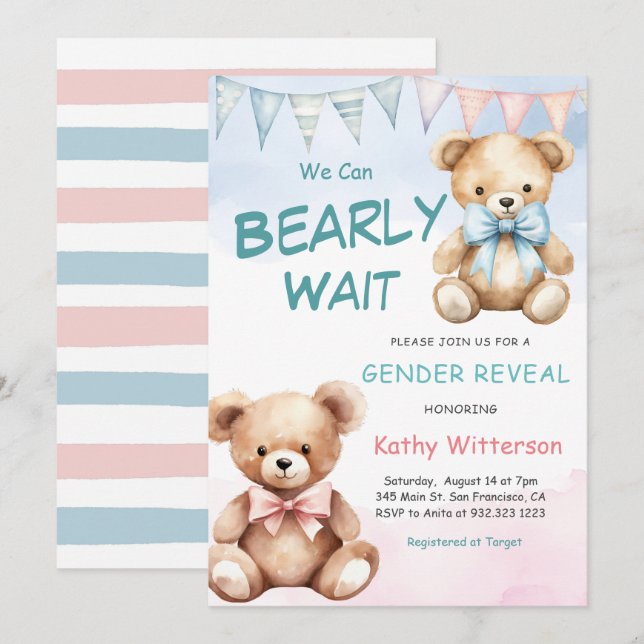 Cute Bear Gender Reveal Baby Shower Invitation (Front/Back)