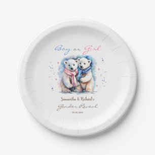 Cute Bear Gender Reveal Boy or Girl Winter Fall Paper Plate
