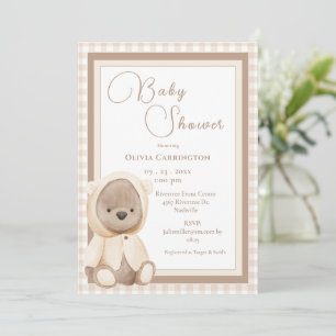Cute Bear Gingham Vintage Baby Shower Invitation
