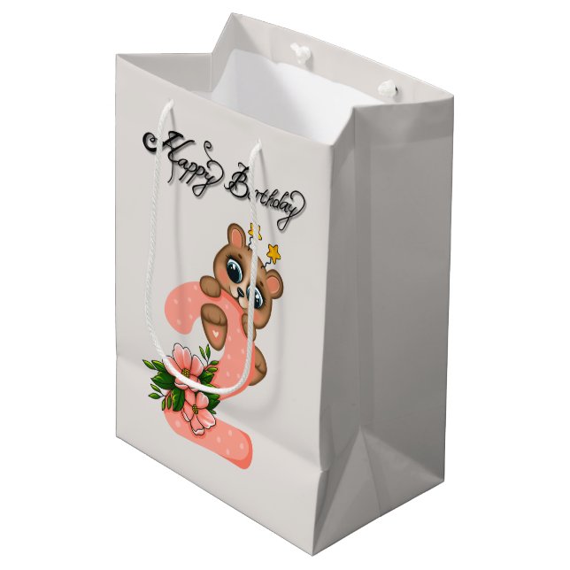 Cute bear girls Birthday 2nd Medium Gift Bag (Front Angled)
