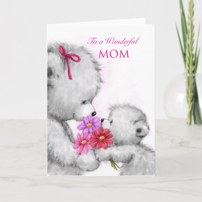 Cute bear giving flowers, Happy Mother's Day Card (Front)