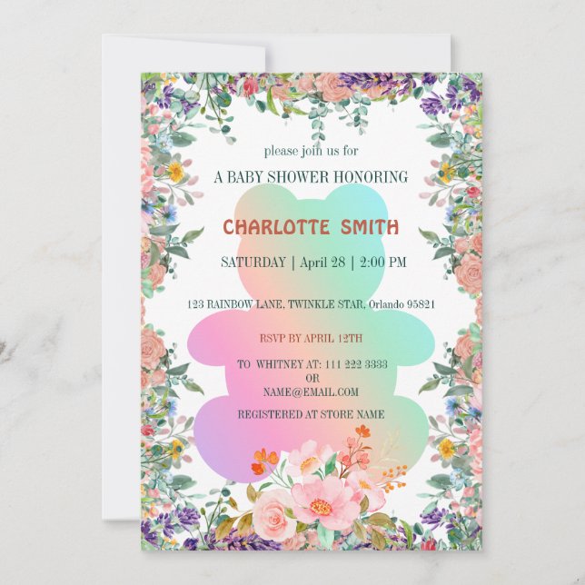 Cute Bear gradient floral flower baby shower Invitation (Front)