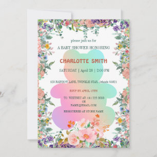 Cute Bear gradient floral flower baby shower Invitation