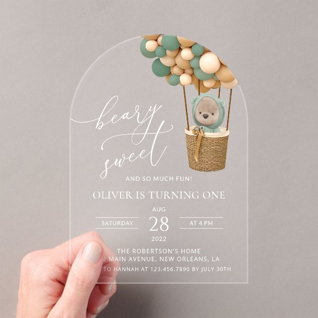 Cute Bear, Green Balloons, First Birthday Acrylic Invitations (Insitu (Handheld))