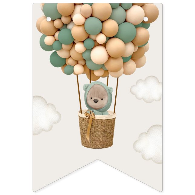 Cute Bear, Green Balloons, First Birthday Bunting (First Flag)
