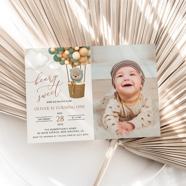 Cute Bear, Green Balloons, First Birthday Invitation (Creator Uploaded)