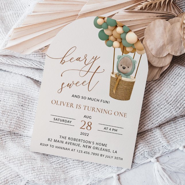 Cute Bear, Green Balloons, First Birthday Invitation (Creator Uploaded)
