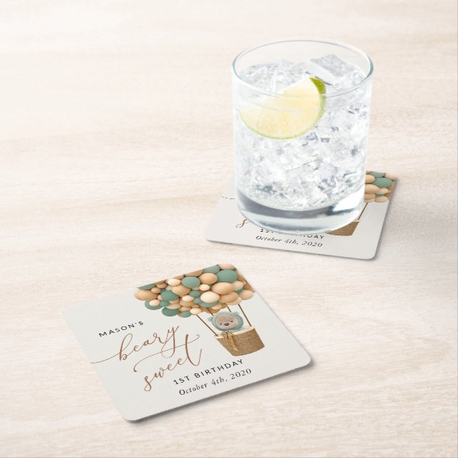 Cute Bear, Green Balloons, First Birthday Square Paper Coaster (Insitu)