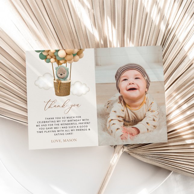 Cute Bear, Green Balloons, First Birthday Thank You Card (Creator Uploaded)