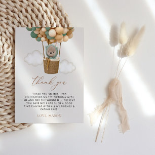 Cute Bear, Green Balloons, First Birthday Thank You Card