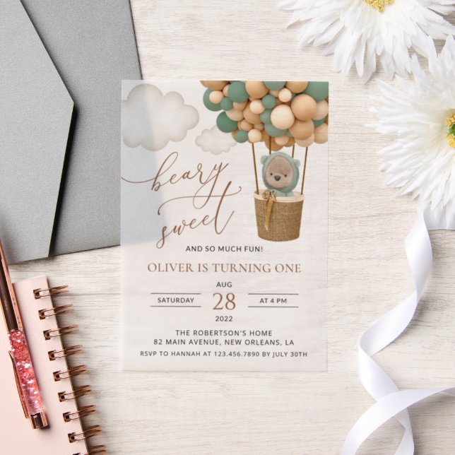 Cute Bear, Green Balloons, First Birthday Vellum Invitations (Wedding)