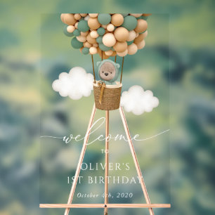 Cute Bear, Green Balloons, First Birthday Welcome Acrylic Sign