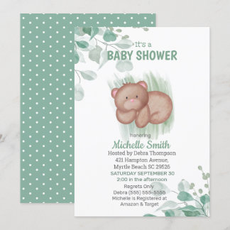 Cute Bear Green White Baby Shower Invitation