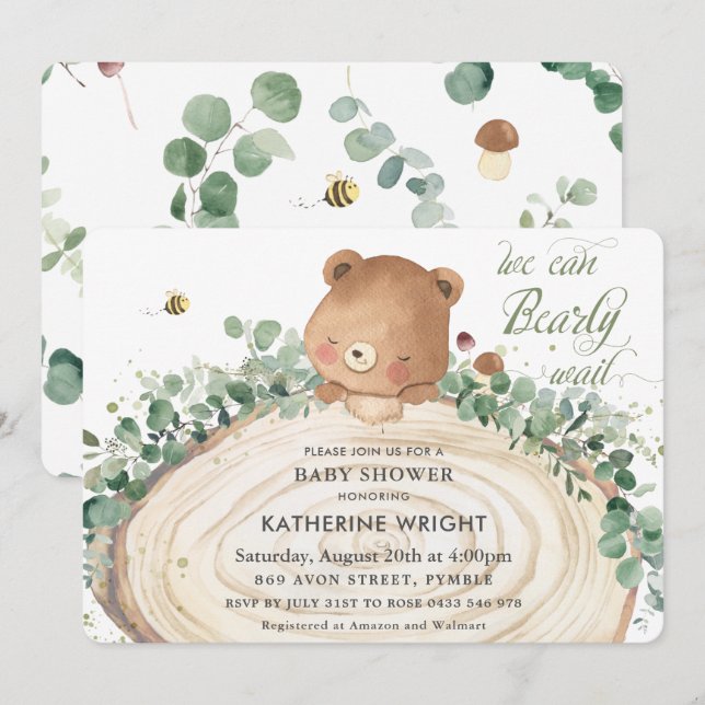 Cute Bear Greenery Gender Neutral Baby Shower Invi Invitation (Front/Back)