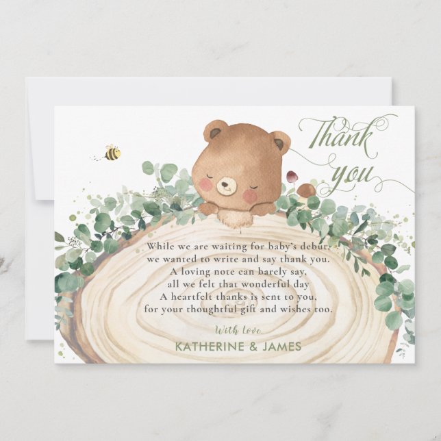 Cute Bear Greenery Gender Neutral Baby Shower  Thank You Card (Front)