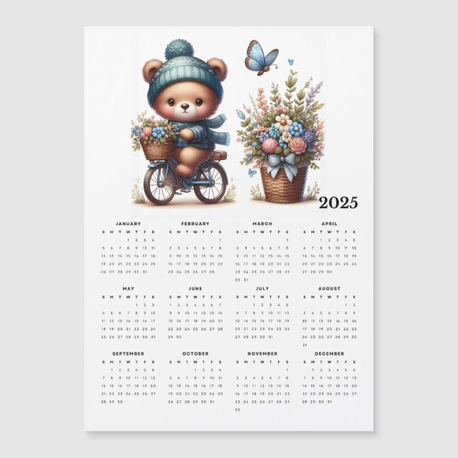 Cute Bear Hat Scarf on Bike 2025 Magnetic Calendar (Front)