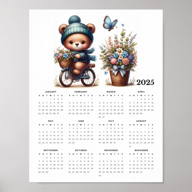 Cute Bear Hat Scarf Riding a Bicycle 2025 Calendar Poster (Front)