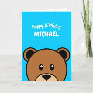 Cute Bear Head   Simple Cartoon on Blue Card