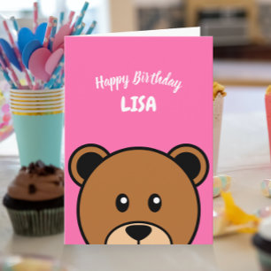 Cute Bear Head   Simple Cartoon on Pink Card