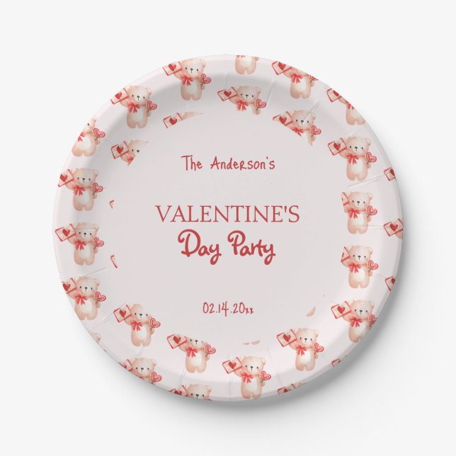 Cute Bear Heart Valentine's Day Party Paper Plate (Front)