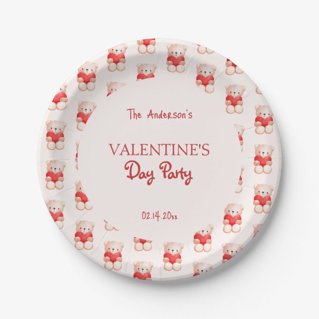 Cute Bear Heart Valentine's Day Party Paper Plate (Front)