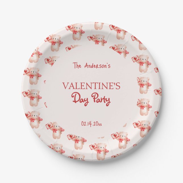 Cute Bear Heart Valentine's Day Party Paper Plate (Front)