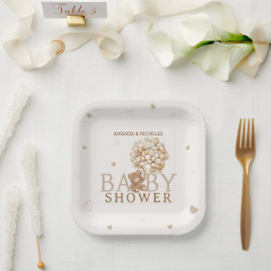 Cute Bear Hearts Beige Light Brown Baby Shower Paper Plate